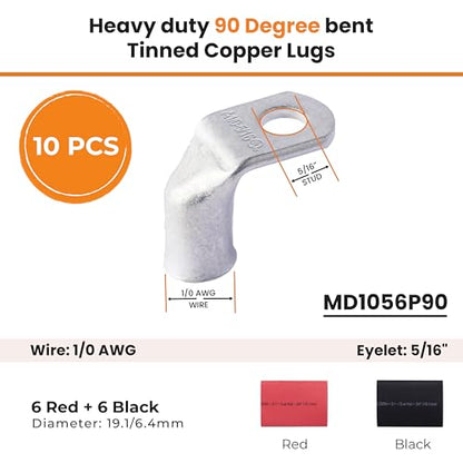 SELTERM 10pcs, 1/0 AWG 5/16" Stud Marine Grade, 90° Bent Tinned Copper Lugs - color: 90° Bent Lugs, size: 1/0 Awg - 5/16" (M8) Ring