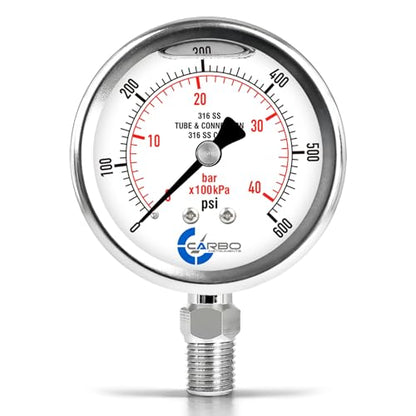 Carbo 600 PSI Liquid Filled Pressure Gauge with NIST Traceable Certificate, Calibrated in USA Lab, 2.5" Dial, 1/4 NPT Lower Mount, ASME Grade A, 316 SS Case, 316 SS Wetted Parts, PSI/Bar - size: 0-600 PSI, style: NIST TRACEABLE
