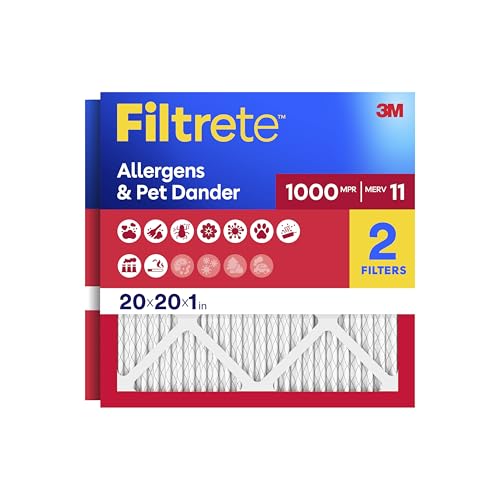 Filtrete 20x20x1 Air Filter, MERV 11, MPR 1000, Allergens & Pet Dander, 3-Month AC and Furnace Filters, Cleaner Air, Reliable Airflow, 2 HVAC Filters (Actual Size 19.68 x 19.68 x 0.81 in) - size: 20x20x1