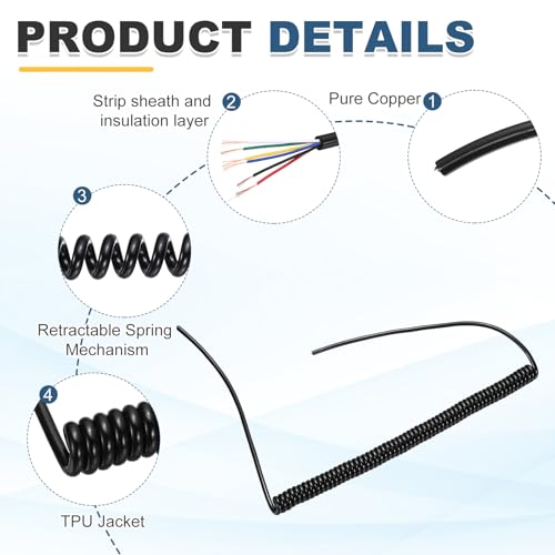 MECCANIXITY 5ft 24AWG Retractable Coiled Coil Cord 300V 105℃ 6 Conductor - size: 5ft x 24AWG, 6 Conductor