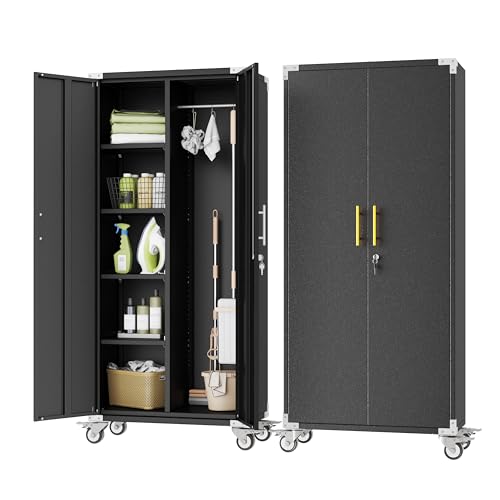 pozdeg 71" Rolling Lockable Metal Broom Closet Storage Cabinet, Black Gray - color: Black Gray, size: 15.7"D x 31.5"W x 71"H