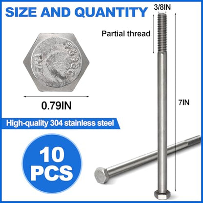 10 Pack 3/8-16 x 7'' Hex Head Cap Screw Bolt 304 Stainless Steel - size: 3/8-16 x 7''
