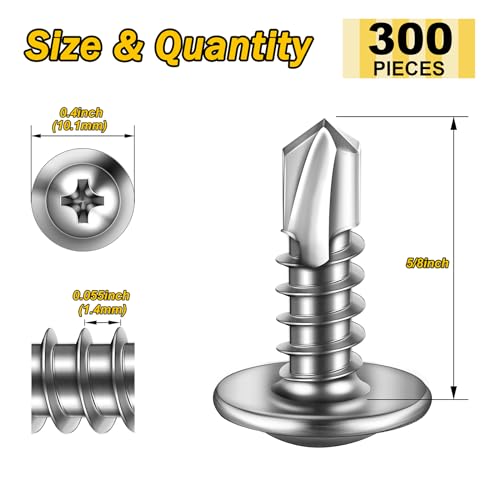 Mywish 300pcs #8x5/8 Self Tapping Screws for Metal, 410 Sheet Metal Screws, Stainless Steel Truss Head Self Drilling Screws High Strength Screws for Metal - color: Silver, size: #8x5/8" (300 pcs)