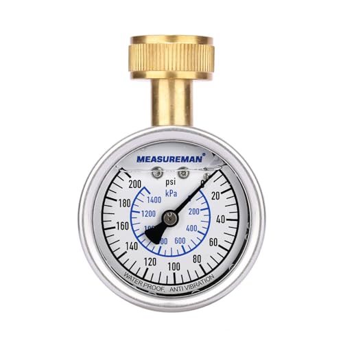MEASUREMAN 2-1/2" Glycerin Filled Stainless Steel Water Pressure Test Gauge, 3/4" Female Hose Thread, 0-200 psi/kpa - size: Liquid Filled, style: Liquid Filled Test Gauge