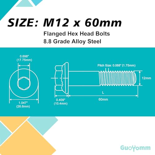 M12 x 60mm 5pcs Flanged Hex Head Bolts, M12 x 1.75 Bolts, Flange Hexagon Head Screws, 8.8 Grade Alloy Steel, Yellow Zinc Plated, Metric Half Thread - size: M12 x 60mm(5PCS)