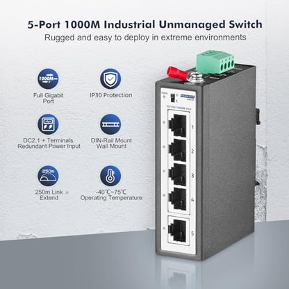 5 Port Mini Gigabit Industrial DIN-Rail Switch, 4 x 100/1000Mbps Ports,1 Gigabit Uplink, Din Rail & Wall Mount Included, Unmanaged IP30 (-40~185°F) Hardened YuLinca Industrial Ethernet Switch