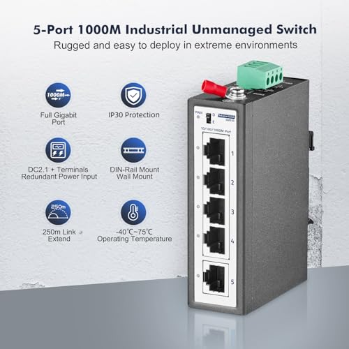 5 Port Mini Gigabit Industrial DIN-Rail Switch, 4 x 100/1000Mbps Ports,1 Gigabit Uplink, Din Rail & Wall Mount Included, Unmanaged IP30 (-40~185°F) Hardened YuLinca Industrial Ethernet Switch