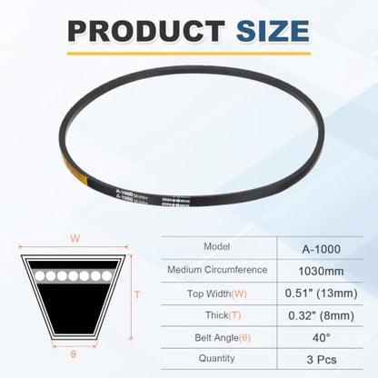 uxcell 3Pcs A-1000 Rubber V-Belt 1000mm Li x 13mm W x 8mm T Classic Wrapped - size: A-1000