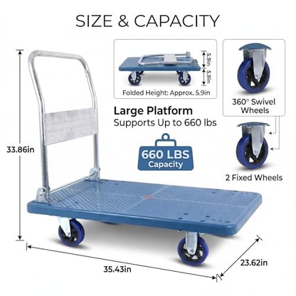 660lbs Foldable Platform Truck Dolly with Swivel Wheels, Heavy Duty Moving Platform Hand Truck, Moving Flatbed Cart Push Cart Platform Dolly Cart for Groceries, Warehouse(35.43" x 23.62") - style: 660lbs