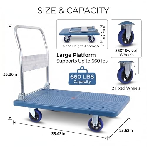 660lbs Foldable Platform Truck Dolly with Swivel Wheels, Heavy Duty Moving Platform Hand Truck, Moving Flatbed Cart Push Cart Platform Dolly Cart for Groceries, Warehouse(35.43" x 23.62") - style: 660lbs