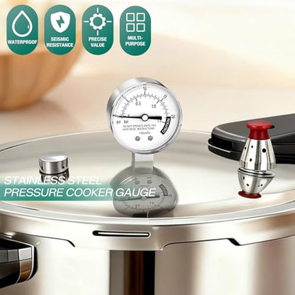 0-20PSI Stainless Steel Pressure Cooker Gauge, 2" Dial Size, 3/8" UNC Lower Mount, with Plastic Washer, Washer, Nut, 14mm Wrench, for UNC Steam, Pressure Tank - size: 3/8" UNC