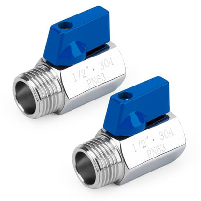 2 Pack 1/2" Mini Ball Valve, 304 Stainless Steel Water Flow Control Male x Female NPT Threaded Shut-Off Drain Valves with Quarter Turn Operation - size: 1/2 Inch