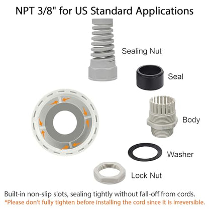 LeMotech 10Pcs NPT 3/8" IP68 Waterproof Cable Gland Flex Spiral Strain Relief Grey Nylon Joint with Gaskets for 5-10mm Wire Thread - color: Grey, size: NPT 3/8" (10-Pack)