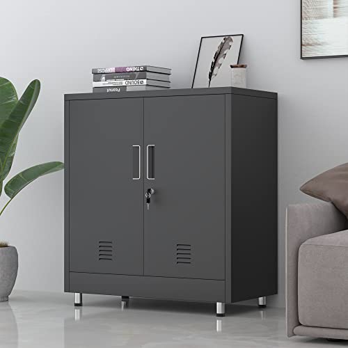 JINGUR Metal Storage Cabinet with Locking Doors and Adjustable Shelf, Small Lockable Sideboard Buffet Cabinet for Home Office Hallway Entryway Living Dining Room (Black) - color: Black