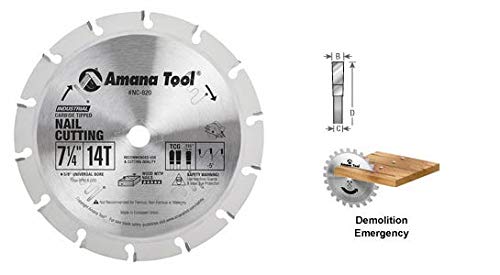 Amana Tool NC-820 Carbide Tipped Nail Cutting & Demolition 7-1/4 Inch D x 14T 5/8 Bore, Circular Saw Blade