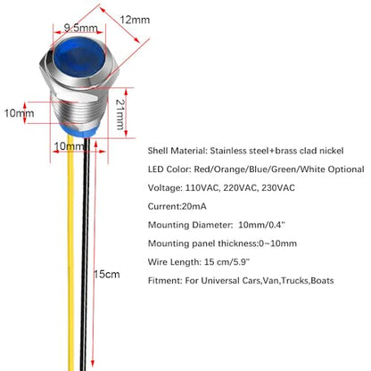 Gebildet 5pcs 10mm LED Metal Indicator Light 110V-220VAC Waterproof Signal Lamp (Blue) - color: Blue 110V