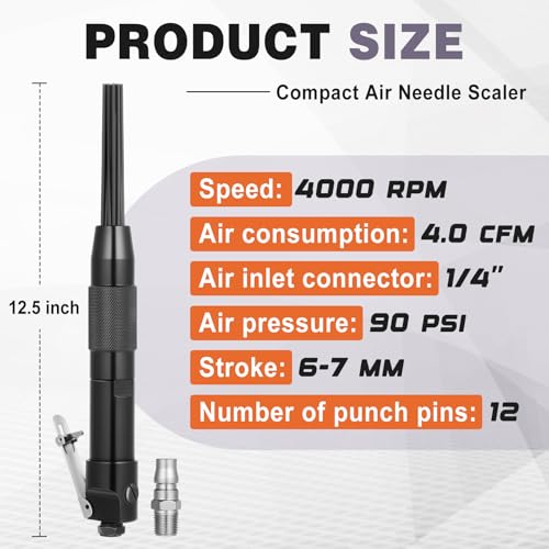 Threlaco Compact Air Needle Scaler with 40 Pieces 7' Descaling Needles Pneumatic Tools Air Powered Remove Slag Rust Paint Weld and Dirt Quickly(12 Needles)
