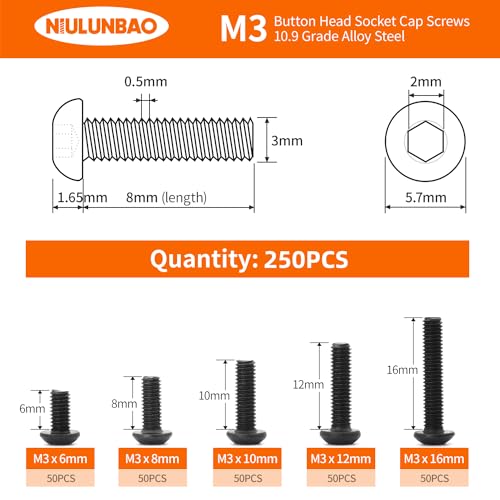 M3 x 6mm 8mm 10mm 12mm 16mm Button Head Socket Cap Screws Bolts, 10.9 Grade Alloy Steel, Black Oxide Finish, Metric Allen Hex Drive, Machine Fully Threaded, Assortment Kit 250PCS - size: M3 x 6/8/10/12/16mm (250PCS)