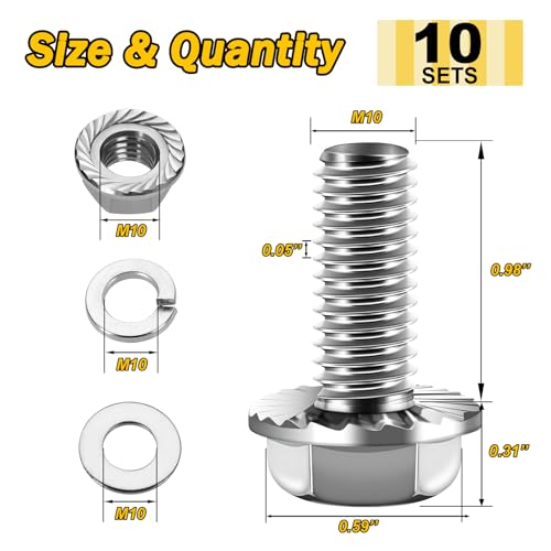 M10 x 25mm (10 Sets) M10x1.5 Bolt Flanged Hex Head Nuts and Bolts,Flange Hexagon Screws with Nuts and Washers,Screws 304 Stainless Steel 18-8 Metric Bolt Assortment, DIN 6921, By Mywish - color: Silver-M10, size: 25mm