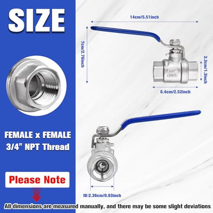 2 Pack Ball Valves 304 Stainless Steel 3/4 Inch NPT Female to Female Thread Full Port Ball Valve Pipe Connector with Lever Handle, Heavy Duty Shut Off Valve for Water, Oil, and Gas, 1000WOG - style: 3/4" Female x Female NPT-Long Handle