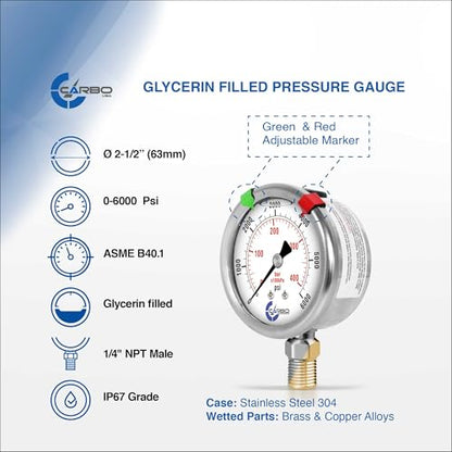 6000 PSI Glycerin Liquid Filled Pressure Gauge, 2.5" Dial, 1/4 NPT Lower Mount, 304 Stainless Steel Case, Brass Wetted Parts, Dual Scale PSI/Bar - ASME B40.1 Grade A - size: 0-6000 Psi, style: STANDARD