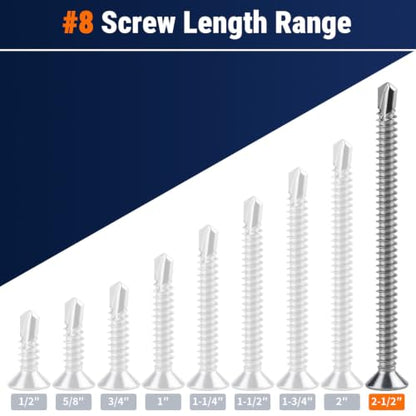 #8 x 2-1/2" Phillips Flat Head Sheet Metal Screws, Stainless Steel 410 Self Drilling Screws for Metal, Countersunk Head, Phillips Drive, Self Tapping, 50 Pack - size: #8 x 2-1/2"