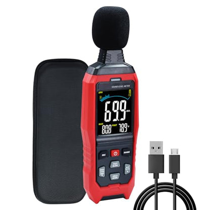 Sound Level Meter Data Logger Decibel Meter with Record Function, Portable Noise Meter 30~130dB Sound Meter A/C/Z Weighting Noise Testing with Audible Visual&Alarm, Temperatue, Analog Bar Indicator