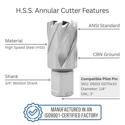 Accusize HSS Annular Cutter 1 x 1 in Cutting Depth, 3/4" Weldon Shank - size: Dia of Cut: 1 in., 3/4 in. Weldon Shank