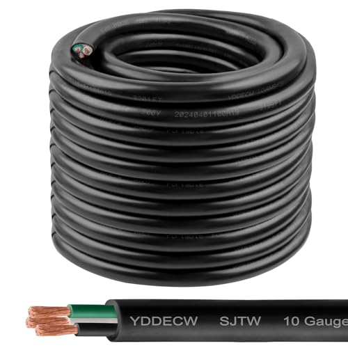 10/3 SJTW Wire 100 Feet - 10 AWG 3 Conductor SJTW Cable with UV-Resistant Jacket for Motor Leads, Battery Chargers and Machine - 100 ft Electrical Wire - color: Black, size: 10AWG/3-100FT