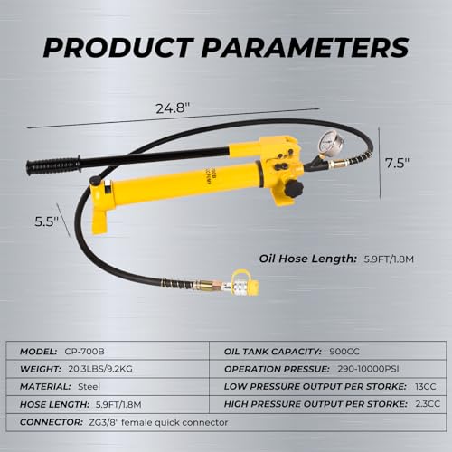 900cc Hydraulic Hand Pump 10000Psi Single Acting Manual Hydraulic Lifting Pump CP-700B Hydraulic Lifting Pump with Pressure Guage - color: CP-700B, Steel Hand Pump