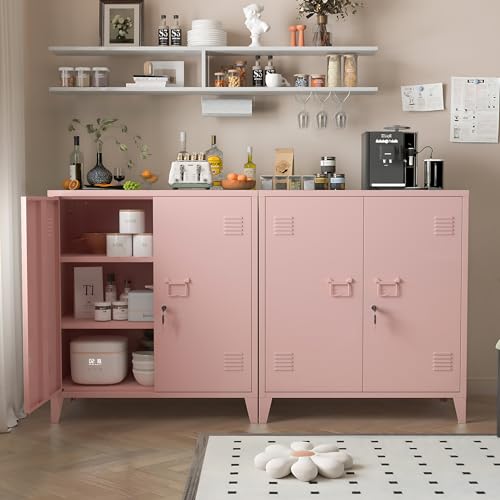 MIOCASA Metal Storage Cabinet with Locking Double Doors, Lockable Steel Cabinet with Adjustable Shelves for Home Office, Garage, Coffee Bar, Entryway - color: Pink