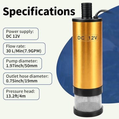 DC 12V 30L/min Electric Submersible Water Pump, Diesel Transfer Pump - color: Yellow