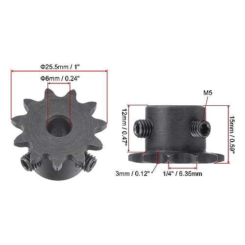 uxcell #25 Chain Roller Sprocket, 6mm Bore 1/4" Pitch 11 Tooth Single Strand Chain Sprocket, C45 Carbon Steel 25 Roller Chain Sprocket with Set Screws for ISO 04C Chain, 2Pcs - size: 25.5mmx6mm