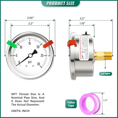 0-30PSI Stainless Steel Liquid Filled Pressure Gauge, 2.5" Single Scale Face Dial, 1/4" NPT Back Mount, for Tube, Water Pump, Gas, Liquid, Pressure Test (with Range Mark Pointer) - size: 0-30 psi