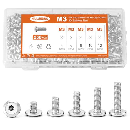 M3 x 4mm 6mm 8mm 10mm 12mm Flat Round Head Hex Socket Cap Screws Bolts, Furniture Screws, 304 Stainless Steel, Metric Fully Threaded, Allen Hex Drive, Bright Finish, Assortment Kit 250PCS - size: M3 x 4/6/8/10/12mm (250PCS)