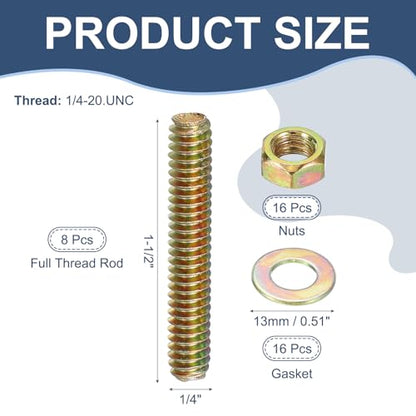 PATIKIL 1/4" x 1-1/2" Color Zinc Fully All Thread Rod, 8 Pcs Carbon Steel Long Threaded Screw Stud Bolts for Furniture Garden Mounting Assembly Fastening - size: 1/4" x 1-1/2"