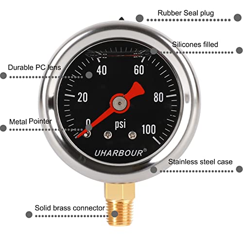 UHARBOUR Glycerin Pressure Gauge 0-100Psi, 1-1/2" Black Dial - size: 0-100PSI, style: Lower Mount（black dial）