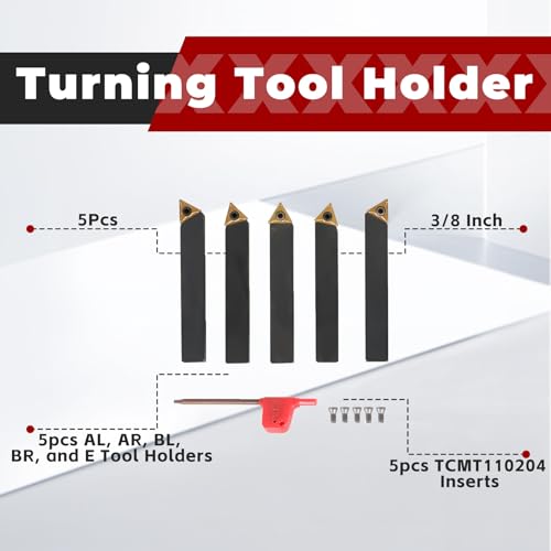 findmall 5Pcs 3/8 Inch Indexable Carbide Lathe Turning Tool Holder Metal Lathe Tools Inserts Bits with TCMT110204 Carbide Inserts - size: 5Pcs 3/8"