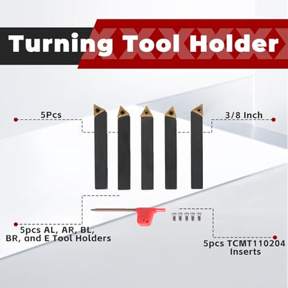 findmall 5Pcs 3/8 Inch Indexable Carbide Lathe Turning Tool Holder Metal Lathe Tools Inserts Bits with TCMT110204 Carbide Inserts - size: 5Pcs 3/8"