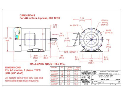 Hallmark Industries AC Motor, 2 HP, roll Steel, 3600 RPM, 3 phase/230/460V, Class F, 56C/TEFC, 5/8" Shaft C-face with Base, SF 1.15 Class F Insulation, Inverter Duty (Pack of 1) - size: 56C