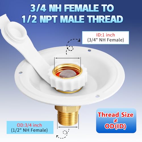 RV City Water Inlet with Check Valve, RV Water Fill Inlet Connection with 3/4 NH Female to 1/2 NPT Male Lead-free Brass City Water Inlet Flange for RV, RV Water Inlet Replacement - color: White Big Flange