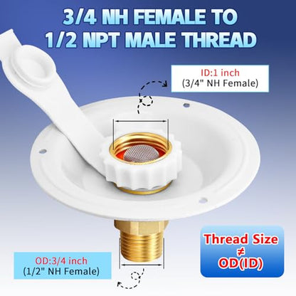 RV City Water Inlet with Check Valve, RV Water Fill Inlet Connection with 3/4 NH Female to 1/2 NPT Male Lead-free Brass City Water Inlet Flange for RV, RV Water Inlet Replacement - color: White Big Flange