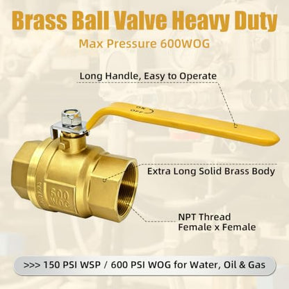 2 Pack 2" Brass Ball Valve, Full Port NPT Female x Female Shut Off Valve, Heavy Duty Brass Control Valve 2inch, 600 WOG for Water, Oil, Gas & Industrial Fluid Transfer - size: 2 Inch