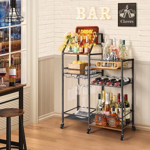 VINAEMO Rolling Bar Cart with Wine Glass Holder, Bar Carts for The Home, Bar Stand for Home, Small Mini Bar for Whiskey Wine, Liquor Cart for Home Bar, Alcohol Cabinet for Bar, Kitchen, Dining Room - color: Black & Brown