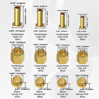 180PCS Brass Compression 1/4" 3/8" 5/16" 1/2" Sleeve Ferrule Insert Nuts - size: 180pcs 4 Size Kit