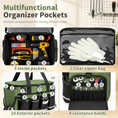 14-Inch Heavy Duty Tool Bag, 17 Pocket Tool Box Organizer - color: Green