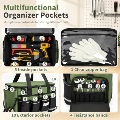 14-Inch Heavy Duty Tool Bag, 17 Pocket Tool Box Organizer - color: Green