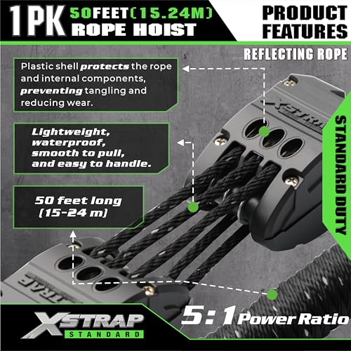XSTRAP STANDARD 50FT Reflective Rope Hoist 1 Ton 5:1 Block & Tackle w/Loops - color: 50ft Reflective Upgraded