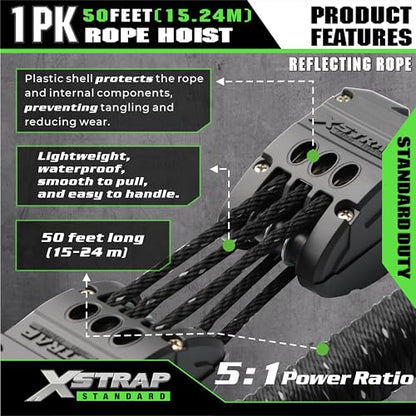XSTRAP STANDARD 50FT Reflective Rope Hoist 1 Ton 5:1 Block & Tackle w/Loops - color: 50ft Reflective Upgraded