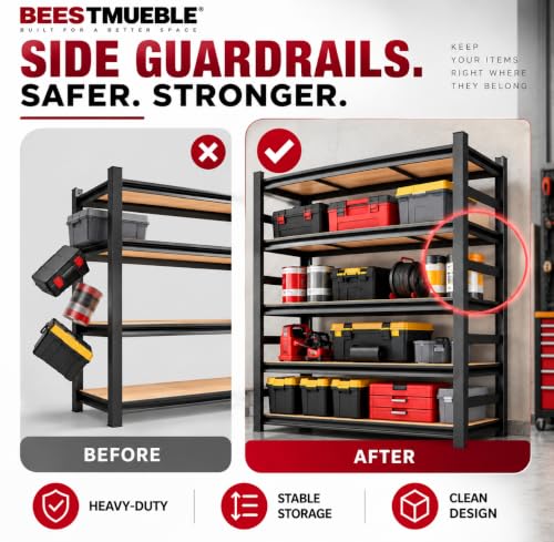 Garage Shelving, 3000 LBS Heavy Duty Metal Storage Shelves with Anti-Fall Rails, 5-Tier Adjustable Wooden Storage Rack for Garage, Warehouse, Basement, 36" W x 16" D x 72" H - size: Wooden 36" W x 16" D x 72" H